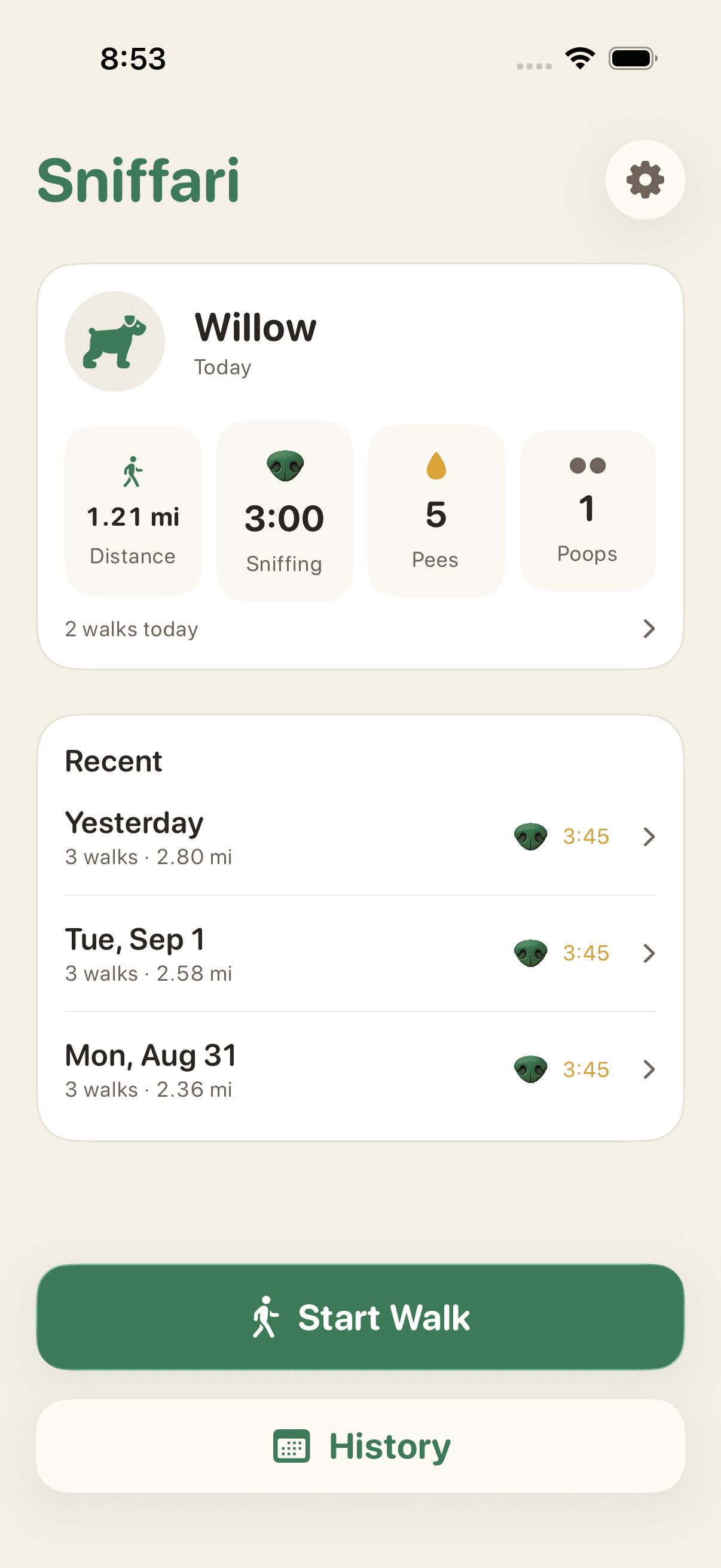 Sniffari Home screen showing today's distance, sniffing time, pees, and poops for a dog named Willow