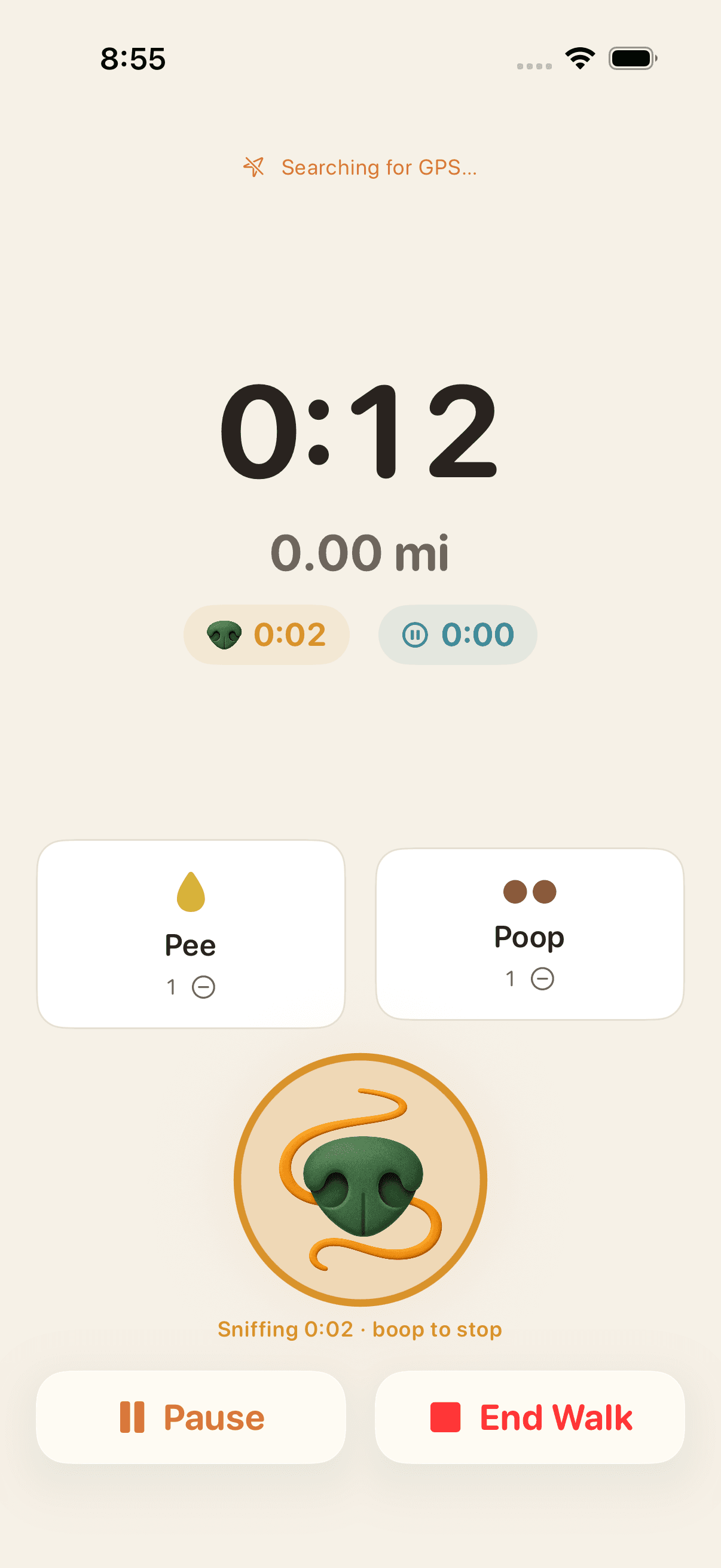 Active walk screen: elapsed time, distance, live sniff timer, pee and poop buttons, and the boopable nose