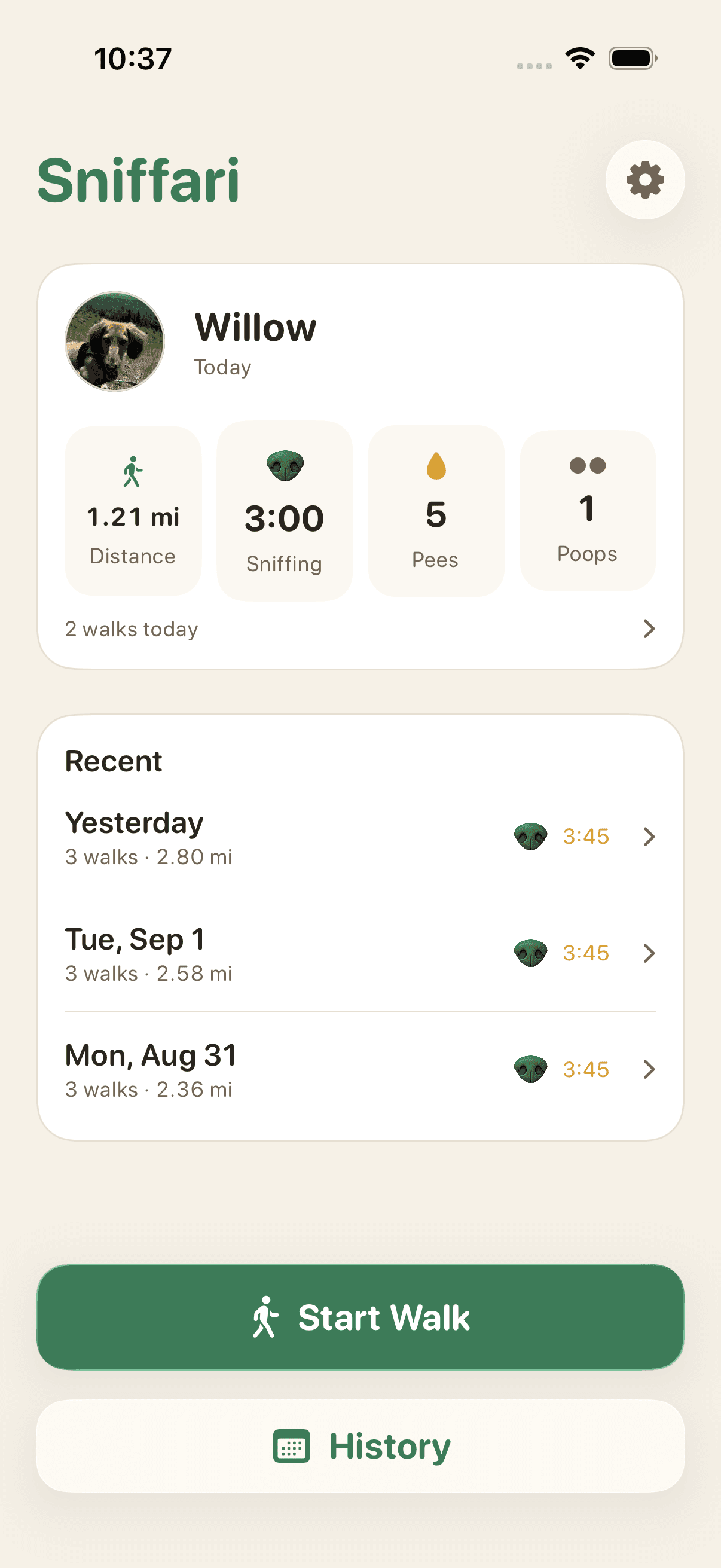 Sniffari Home screen showing today's distance, sniffing time, pees, and poops for Willow