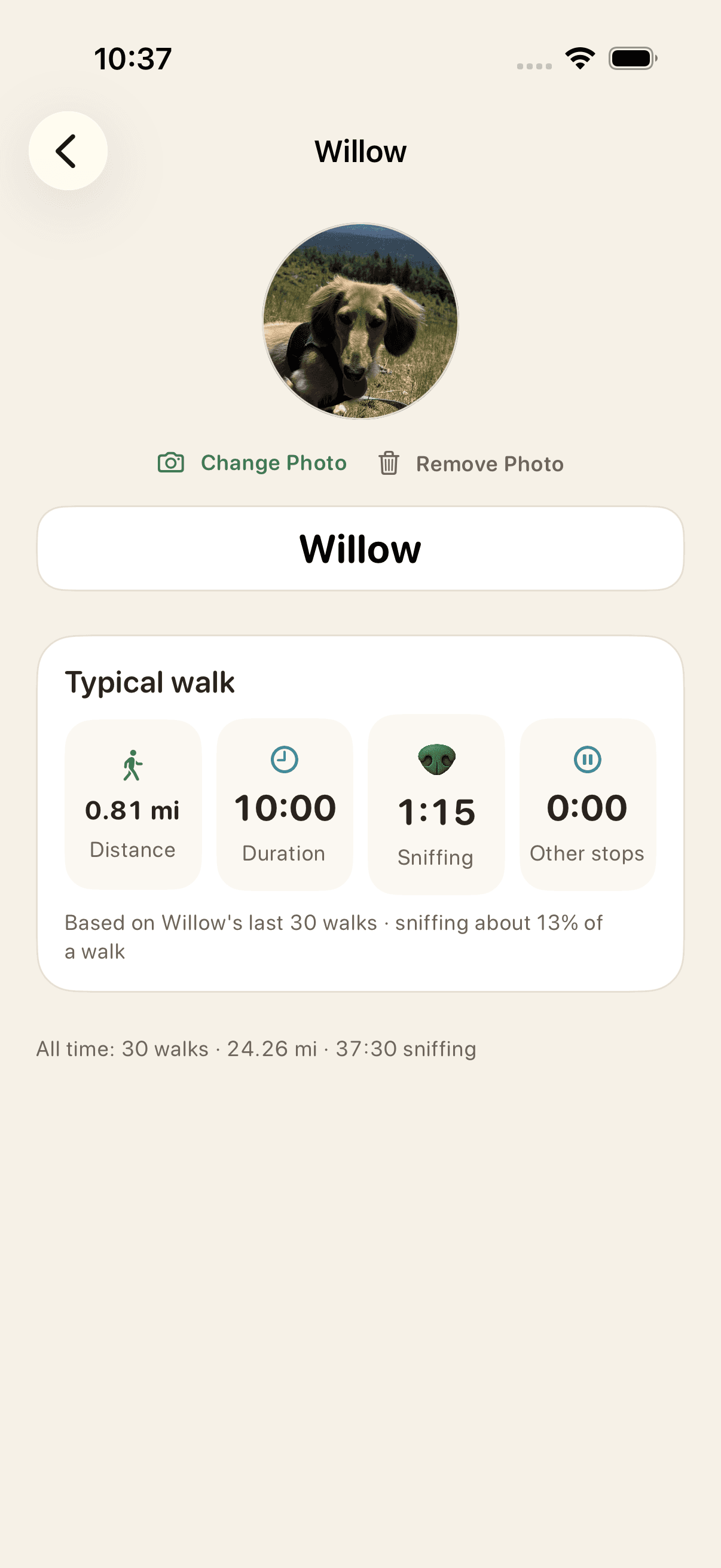 Dog profile with typical walk baseline and favorite sniff spots